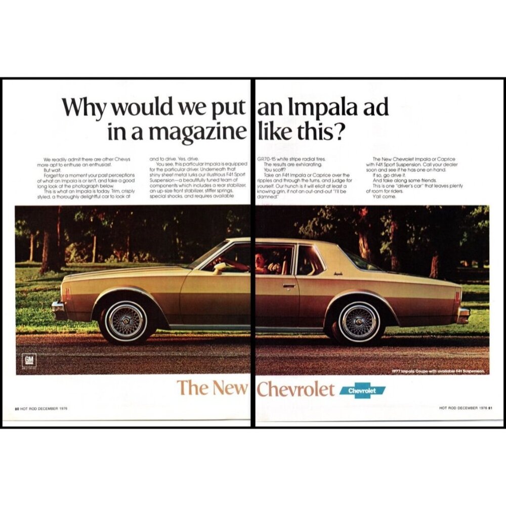 1977 Chevy Impala Coupe 2 Page Vintage Print Ad Wire Wheels Trees Park Wall Art